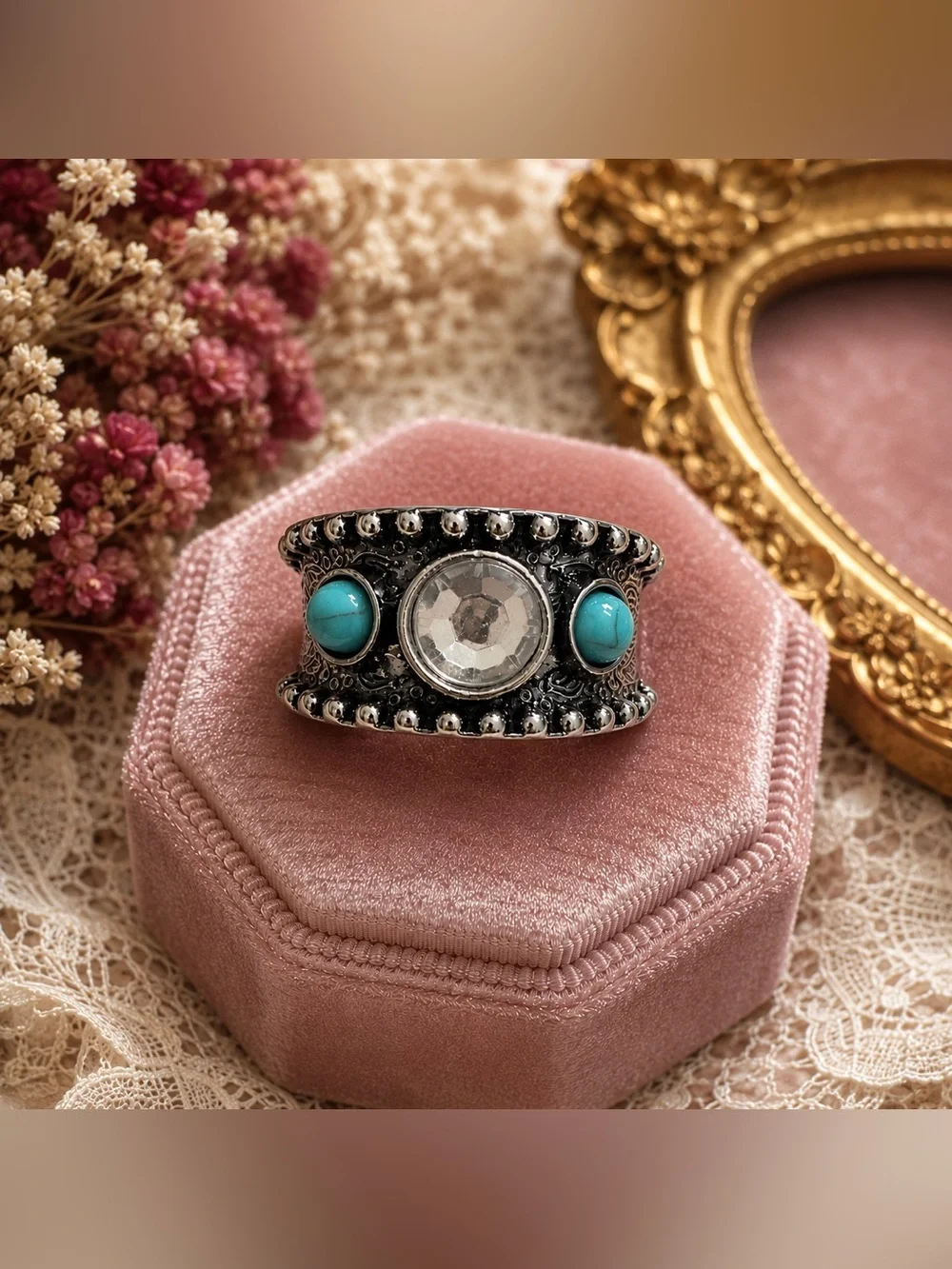 Boho Statement Ring Silver Tone Clear Crystal Turquoise Cabochons Sz 10.5 Unisex